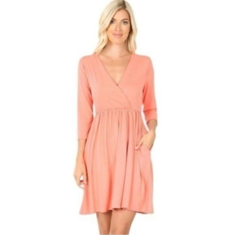 Zenana Outfitters Coral V Neck Wrap Dress